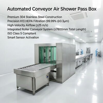 ISO 14644 と GMP に準拠するクリーンルーム転送システムのための2つのHEPAフィルターと304ステンレス鋼フレーム付きの電動ローラーコンベヤーエアシャワー